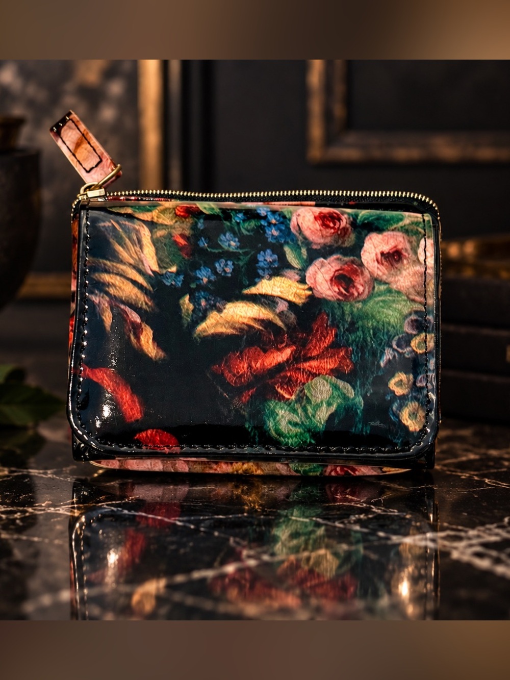 Floral Patent Wallet Dark Moody Botanical Zip Coin Pocket